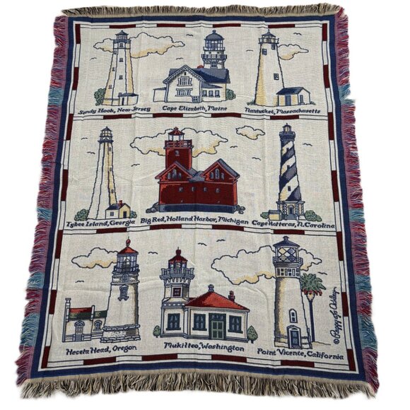 Peggy Jo Ackley Lighthouse Americana Woven Throw Blanket Crown Crafts - Picture 1 of 10